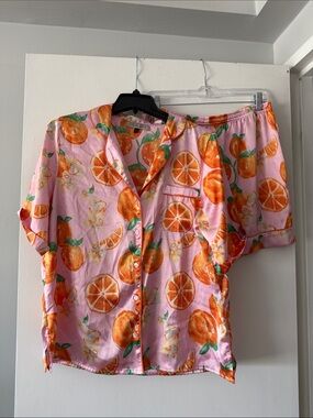 Pink Orange Print Satin Pajama Set Their Nibs Large Short Sleeve Button Up Short